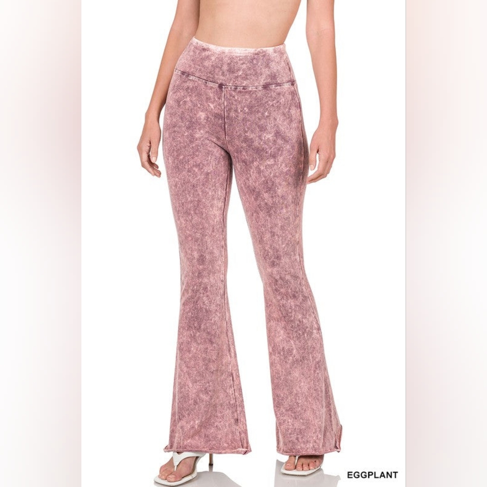 Zenana Outfitters Eggplant Mineral Wash Flared Leggings